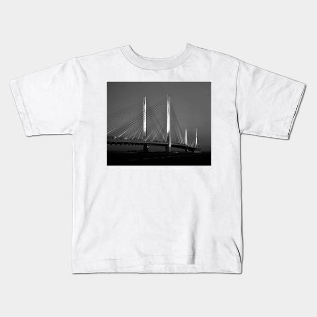 Blue Bridge at Night in Black and White Kids T-Shirt by Swartwout